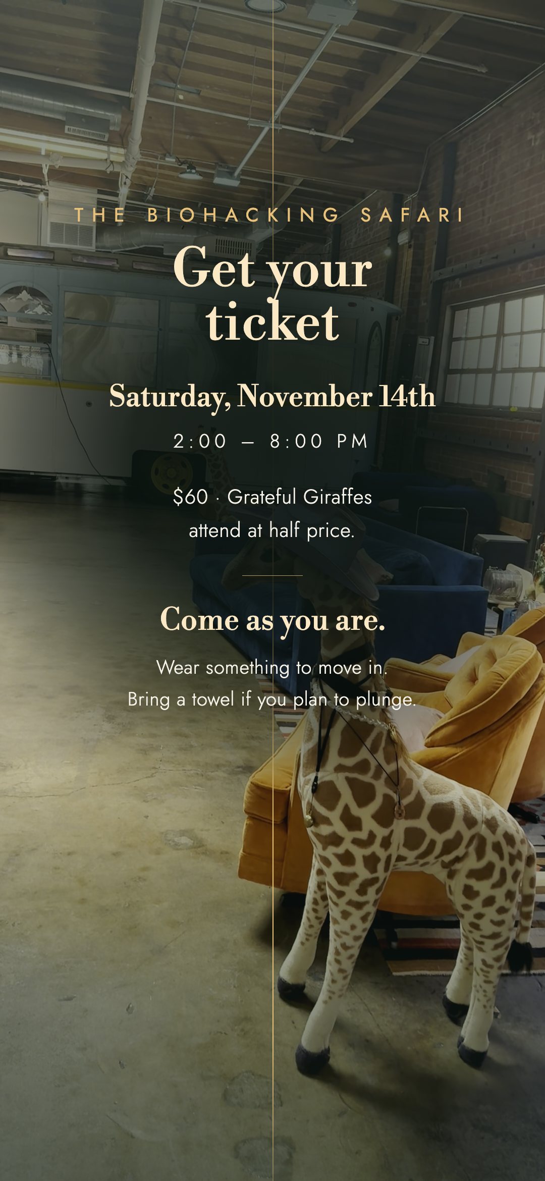 Get your ticket. Saturday, November 14th, 2:00 to 8:00 PM. $60, and Grateful Giraffes attend at half price. Come as you are: wear something to move in, and bring a towel if you plan to plunge.