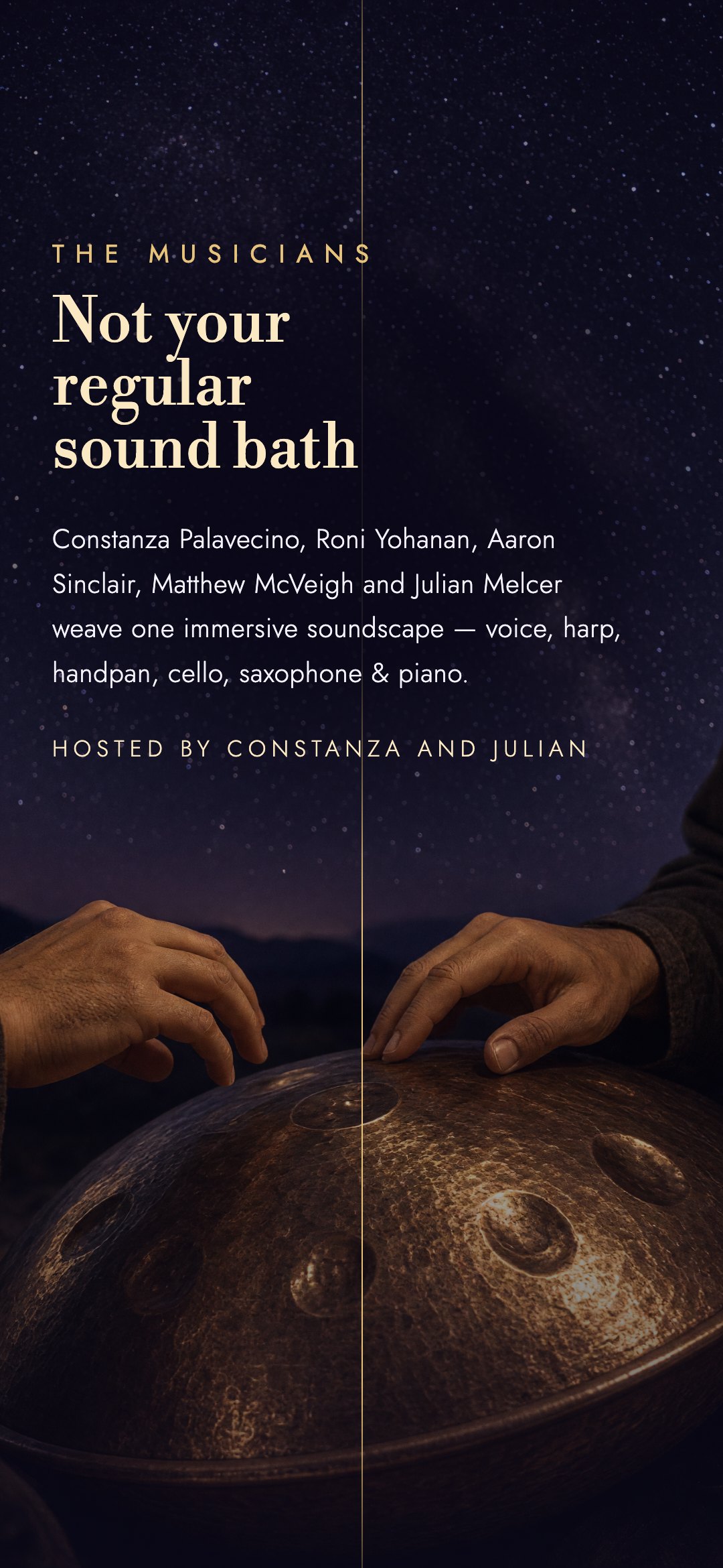 The musicians. Not your regular sound bath: Constanza Palavecino, Roni Yohanan, Aaron Sinclair, Matthew McVeigh and Julian Melcer weave one immersive soundscape — voice, harp, handpan, cello, saxophone and piano. Hosted by Constanza and Julian.