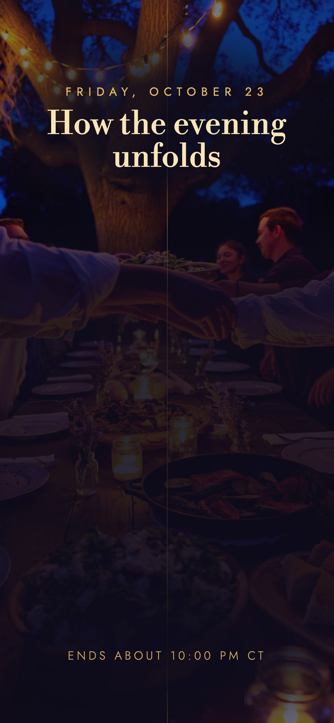 Friday, October 23. How the evening unfolds: 7:00 Welcome Hour, 8:00 Opening Ceremony, 8:15 Shared Potluck Meal, 9:00 A Gratitude Game. Ends about 10:00 PM CT.