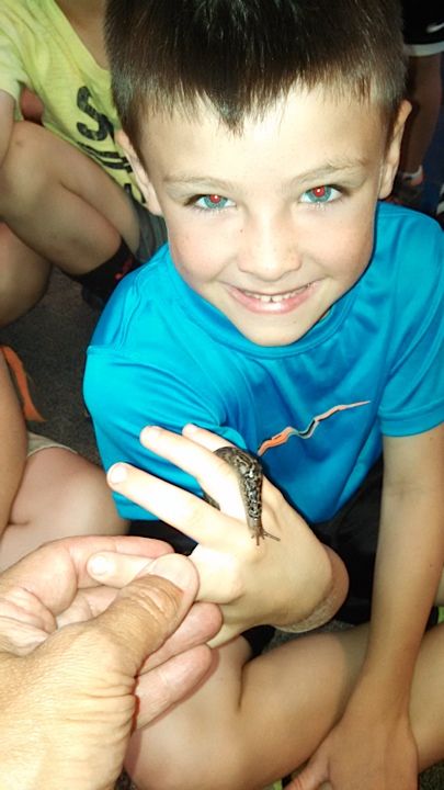 A smiling boy holding a small lizard on his hand