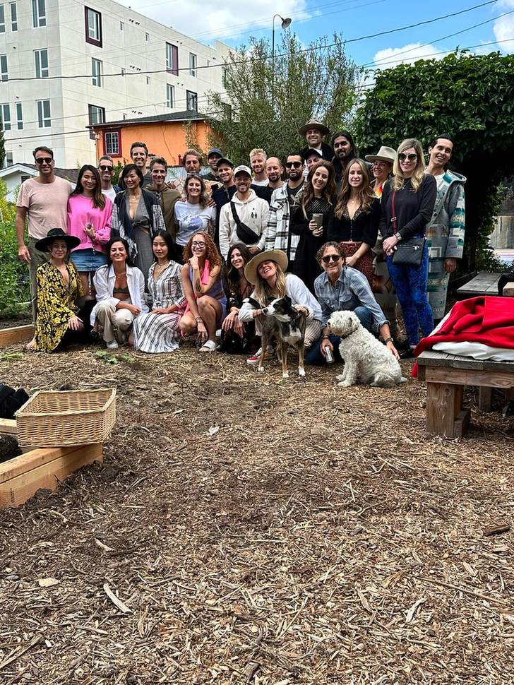 About forty Giraffes and two dogs posed together in a garden at a Brunch of Giraffes